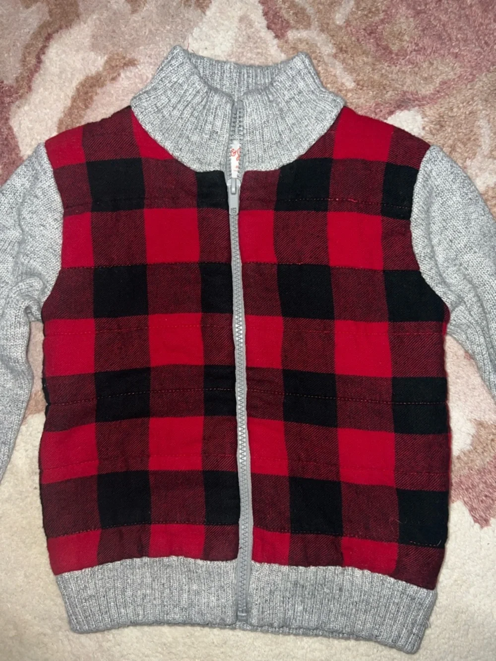 Cat & Jack Red and Black Buffalo Plaid Zip-Up Sweater with Gray Sleeves